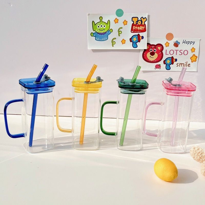 14oz Square Glass Cup with Colored Straw & Handle 5 Colors Available (48PCS/Case)