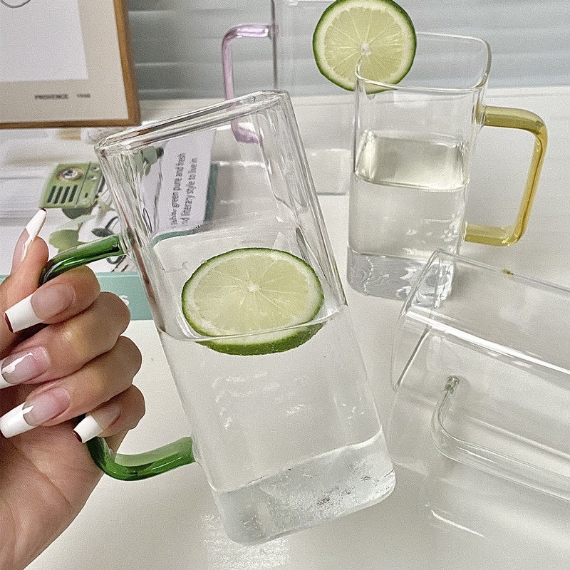 14oz Square Glass Cup with Colored Straw & Handle 5 Colors Available (48PCS/Case)
