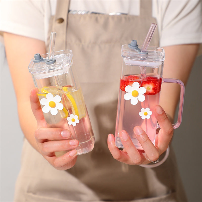 14oz Square Glass Cup with Colored Straw & Handle 5 Colors Available (48PCS/Case)