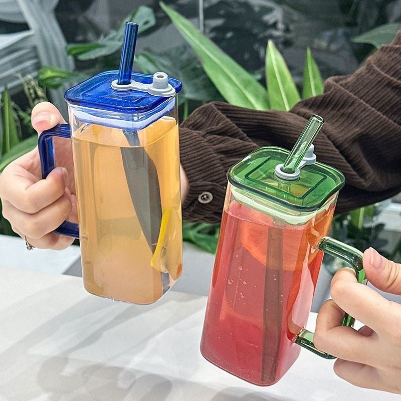 14oz Square Glass Cup with Colored Straw & Handle 5 Colors Available (48PCS/Case)