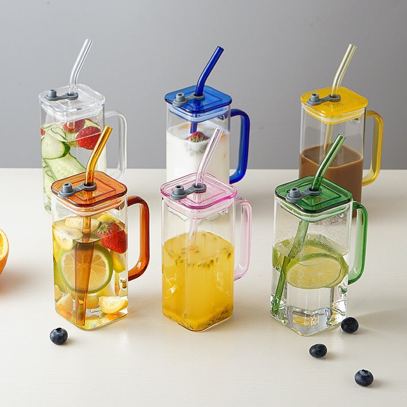 14oz Square Glass Cup with Colored Straw & Handle 5 Colors Available (48PCS/Case)