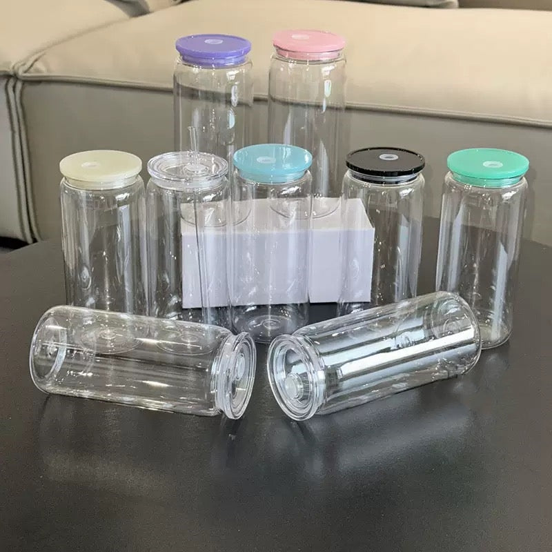 16oz Clear Acrylic Libbey-Style Can with Colorful PP Lids (50/60PCS Bulk Pack)