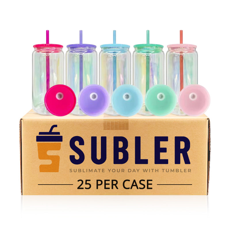 16oz Customizable Rainbow Plated Glass Can with Colored Lids and Straws – Bulk 25PCS
