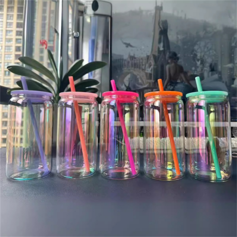 16oz Customizable Rainbow Plated Glass Can with Colored Lids and Straws – Bulk 25PCS