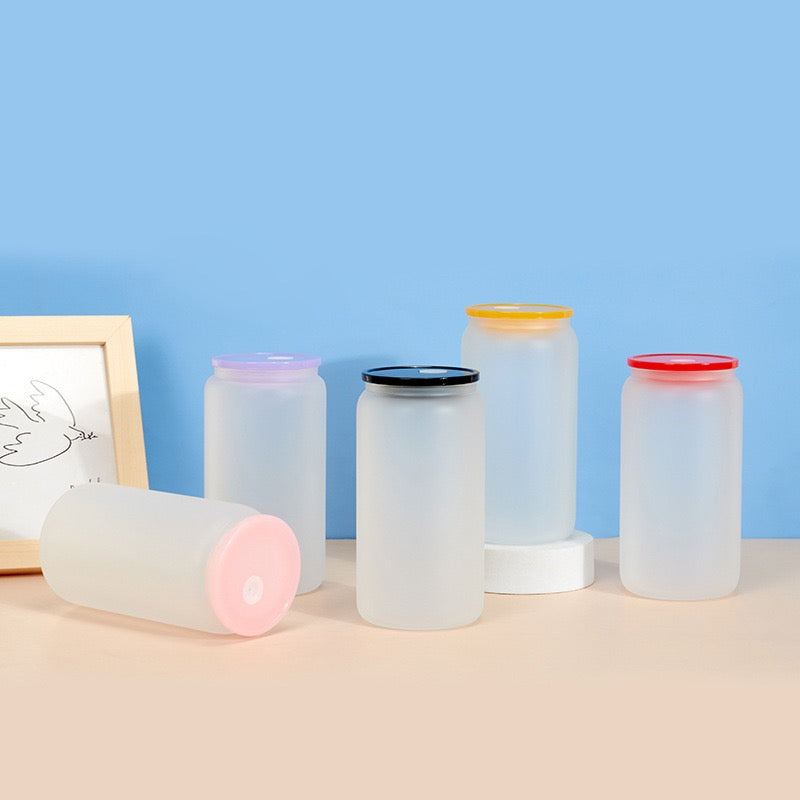 16oz Frosted Jelly Glass Can for Sublimation with Color Lid & Straw (25PCS/Case)