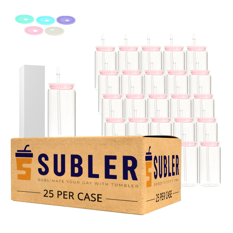 16oz Glass Beer Can with Colored Plastic Lids Clear & Frosted Surface - Bulk 25PCS