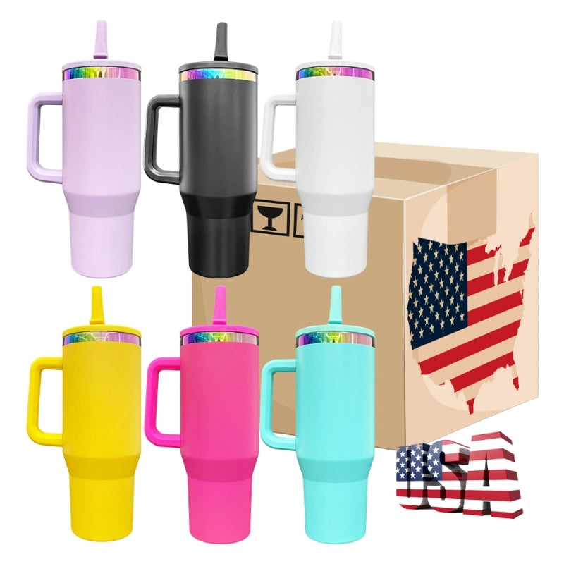 Flip Straw Leak Proof Powder Coated Rainbow Plated Underneath 40oz Tumbler Cups Travel Coffee Mug with Handle for Laser Engraving(16Pcs)