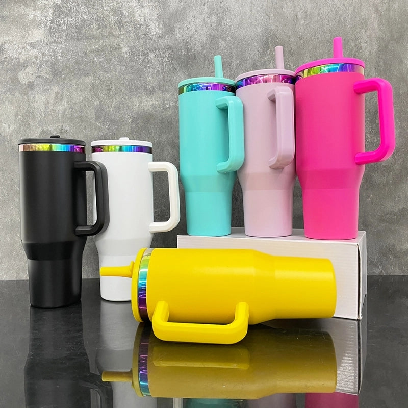 Flip Straw Leak Proof Powder Coated Rainbow Plated Underneath 40oz Tumbler Cups Travel Coffee Mug with Handle for Laser Engraving(16Pcs)