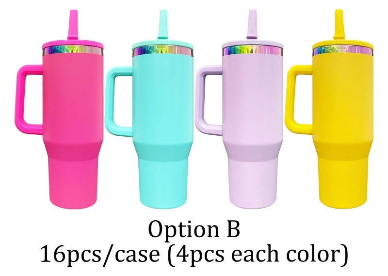 Flip Straw Leak Proof Powder Coated Rainbow Plated Underneath 40oz Tumbler Cups Travel Coffee Mug with Handle for Laser Engraving(16Pcs)