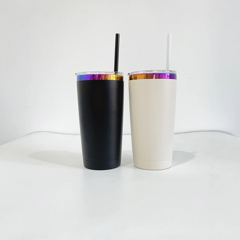 USA Warehouse Power Coated 20oz Rainbow Plated Tumblers With Colorful Straws(25Pcs/case))