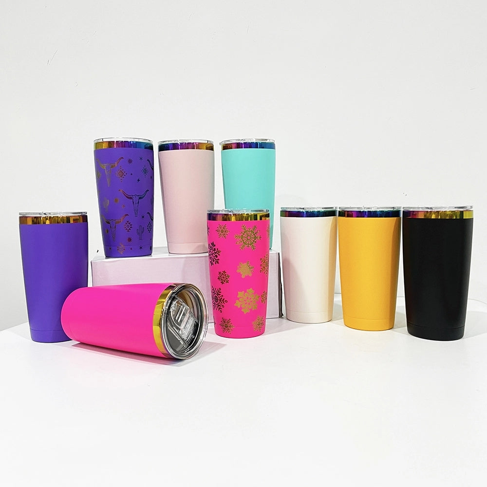 USA Warehouse Power Coated 20oz Rainbow Plated Tumblers With Colorful Straws(25Pcs/case))