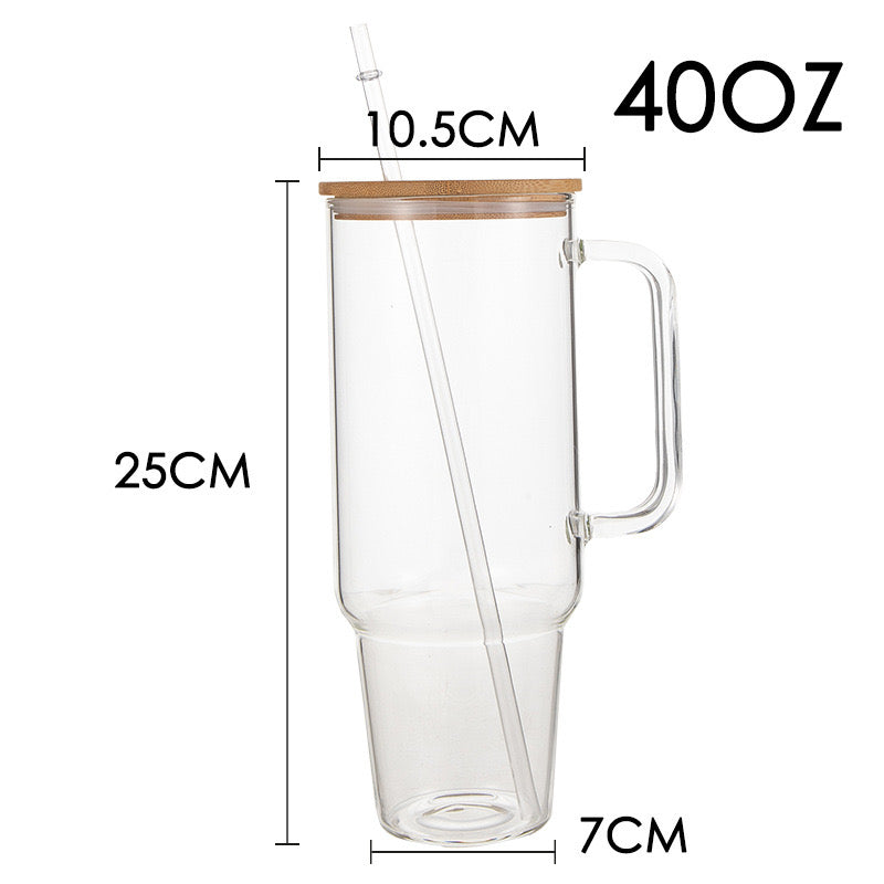 32oz/40oz Clear/Frosted Glass Mug with Handle & Bamboo Lid for Sublimation (12PCS/Case)