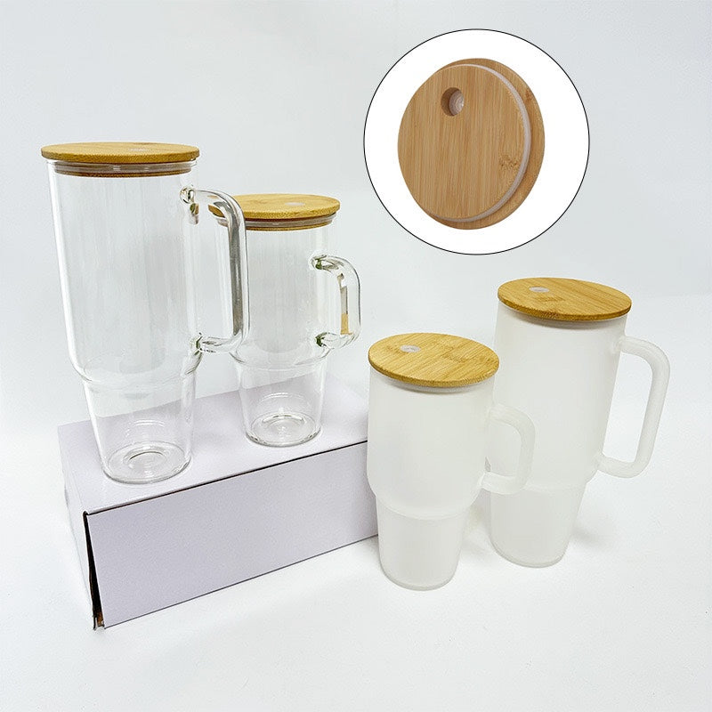 32oz/40oz Clear/Frosted Glass Mug with Handle & Bamboo Lid for Sublimation (12PCS/Case)