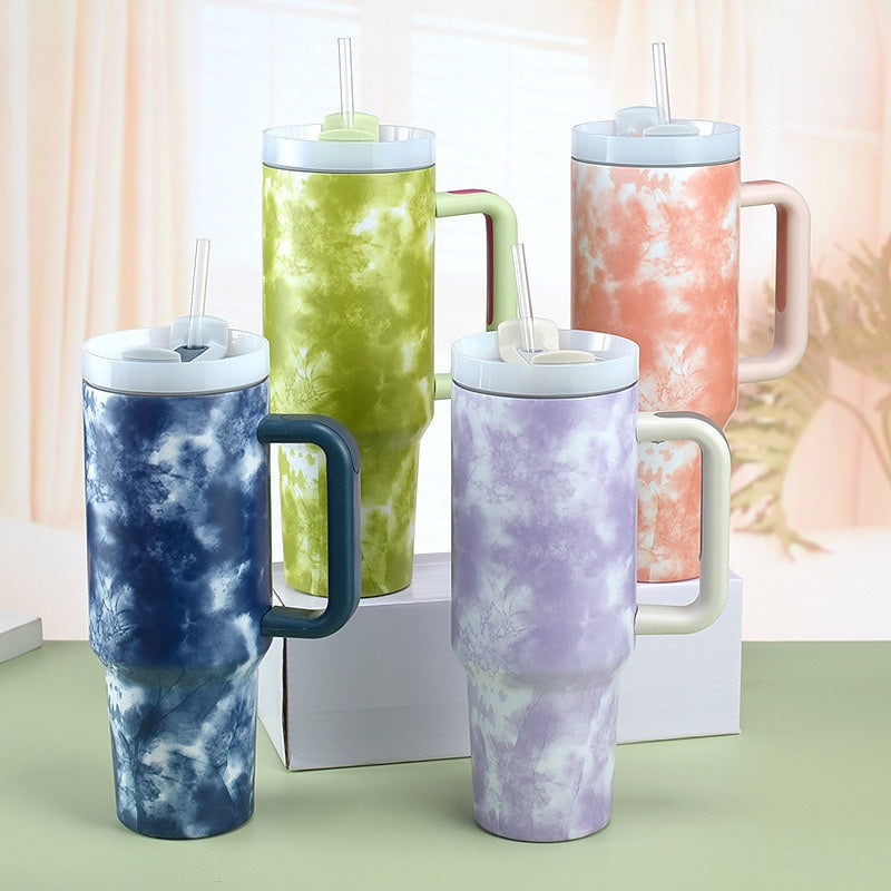 40oz Tie Dye Stainless Steel Tumbler with Handle 4 Colors Available - Bulk 16PCS