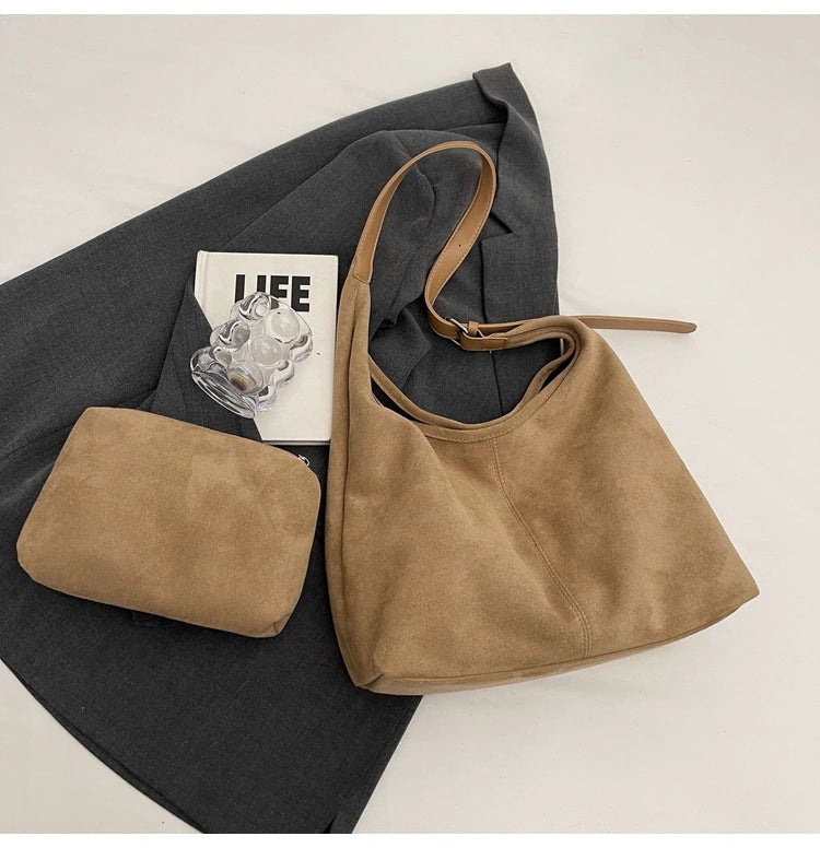 Vintage Vegan Suede Tote Bag Set | Large Capacity Shoulder Tote with Mini Bag