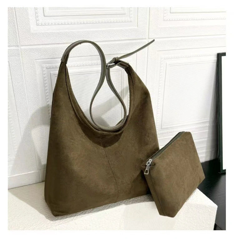 Vintage Vegan Suede Tote Bag Set | Large Capacity Shoulder Tote with Mini Bag