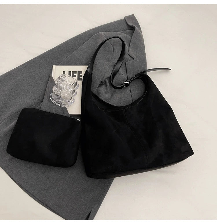 Vintage Vegan Suede Tote Bag Set | Large Capacity Shoulder Tote with Mini Bag