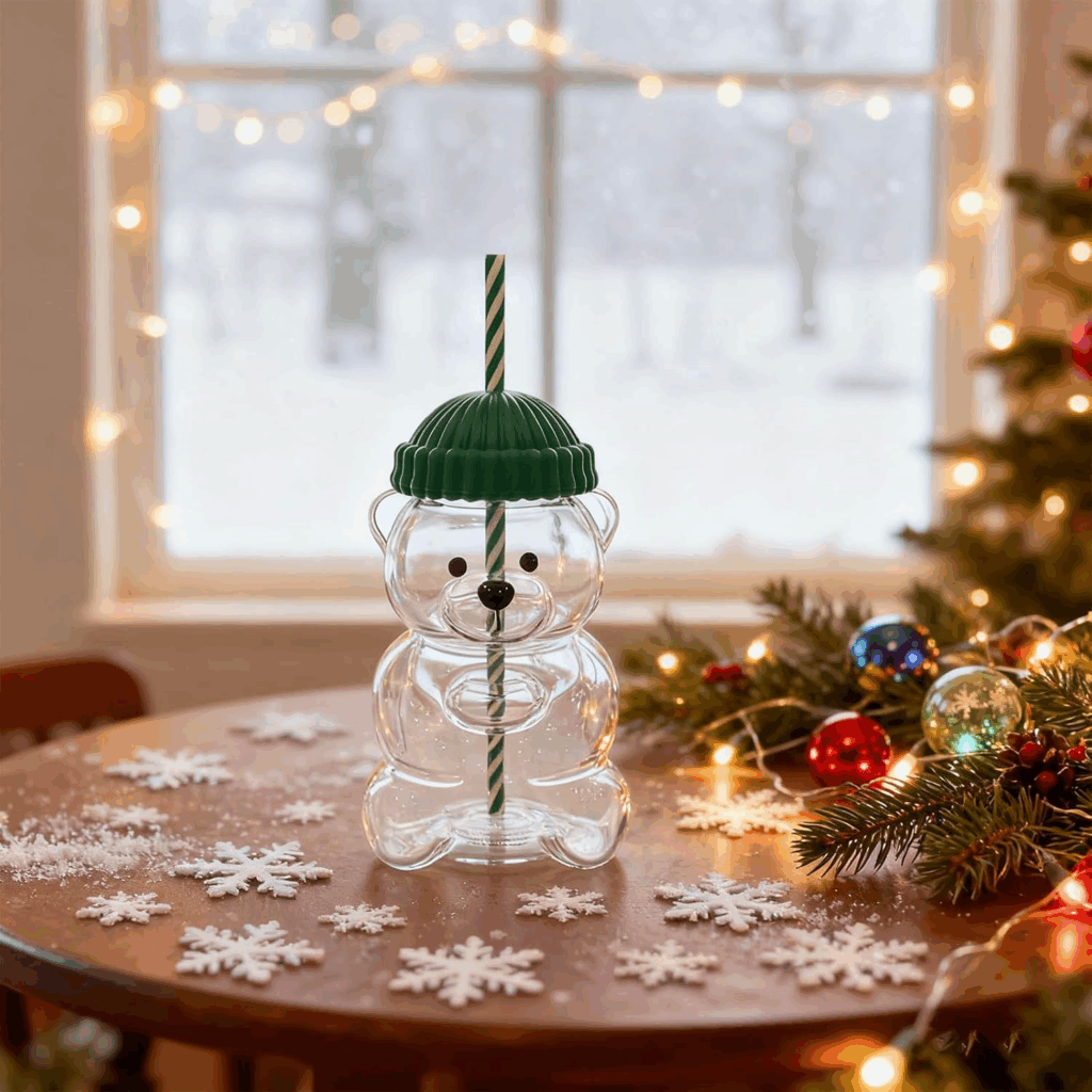 20oz Cute Bear Sublimation Glass Can with Straw & Lid | Starbucks Style Christmas Blank - Subler