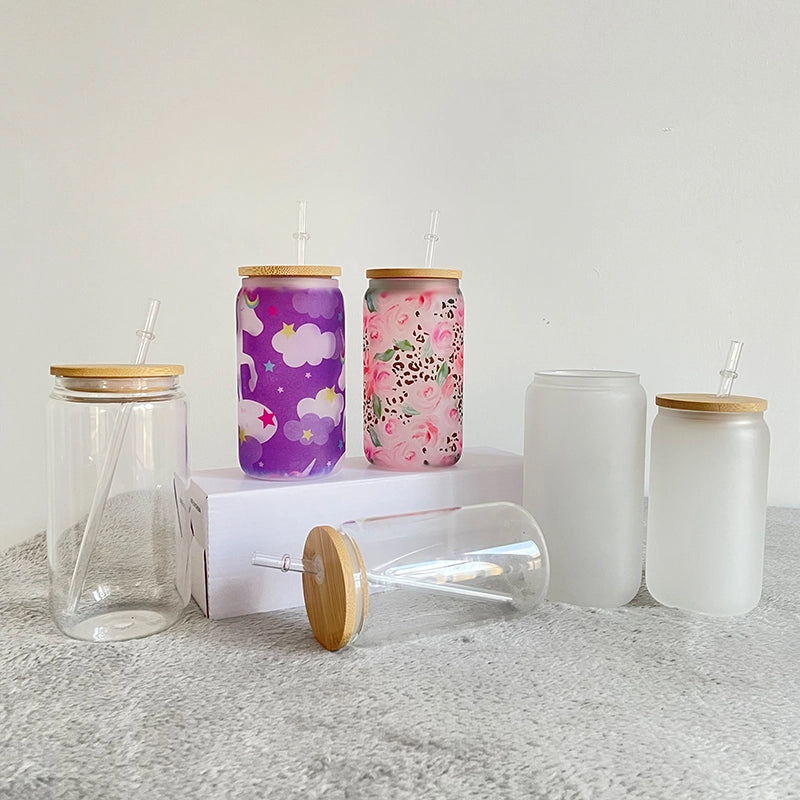 25/50Pcs USA Warehouse 16oz Sublimation Blanks Clear Frosted Beer Glass Can With Bamboo Lid And Plastic Straw