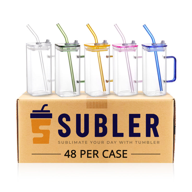 14oz Square Glass Cup with Colored Straw & Handle 5 Colors Available (48PCS/Case)