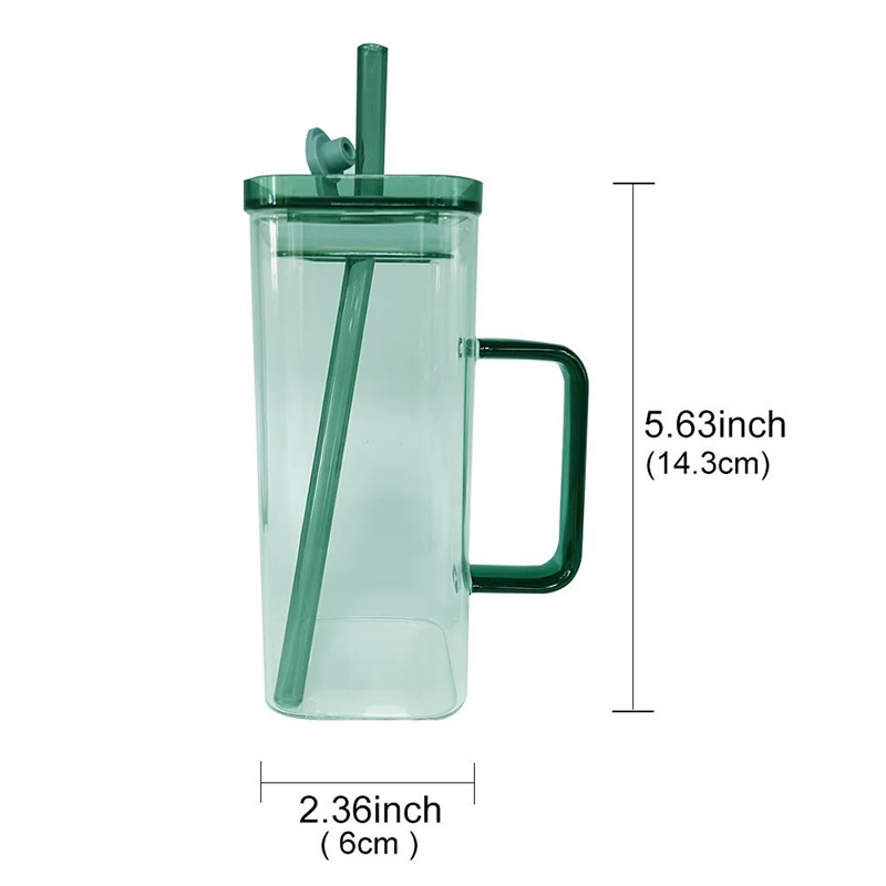 14oz Square Glass Cup with Colored Straw & Handle 5 Colors Available (48PCS/Case)