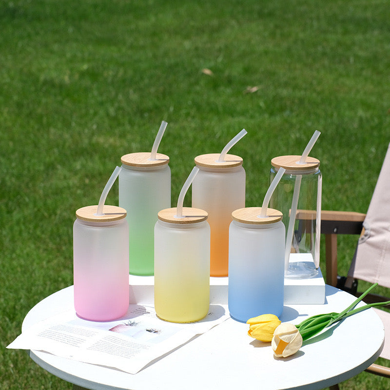 16oz/20oz Gradient Color Glass Beer Can with Lid & Straw – 30PCS Wholesale
