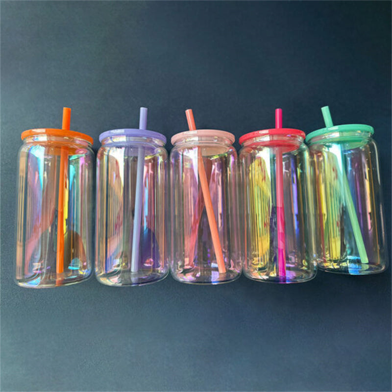 16oz Customizable Rainbow Plated Glass Can with Colored Lids and Straws – Bulk 25PCS