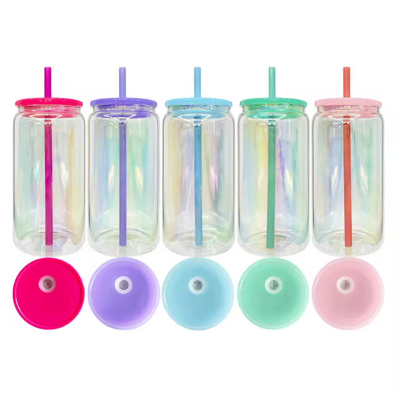 16oz Customizable Rainbow Plated Glass Can with Colored Lids and Straws – Bulk 25PCS