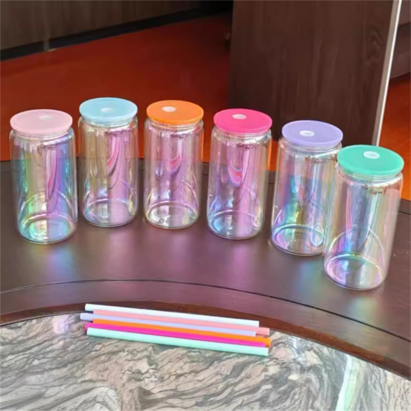 16oz Customizable Rainbow Plated Glass Can with Colored Lids and Straws – Bulk 25PCS