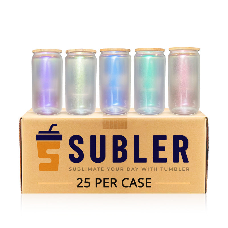 16oz Iridescent Glass Sublimation Tumblers with Bamboo Lid (25PCS)