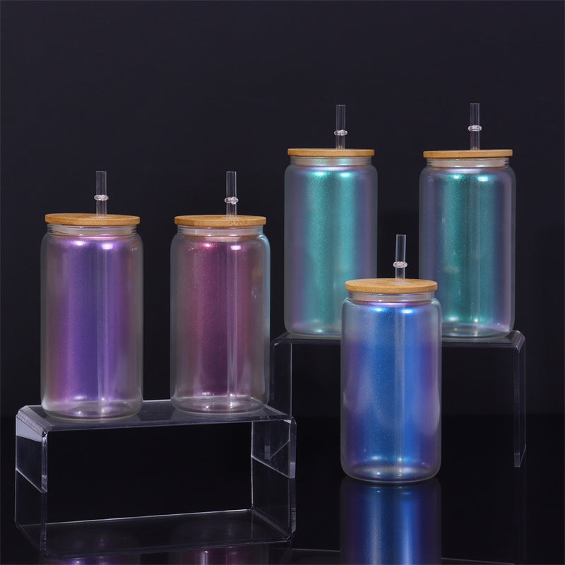 16oz Iridescent Glass Sublimation Tumblers with Bamboo Lid (25PCS)