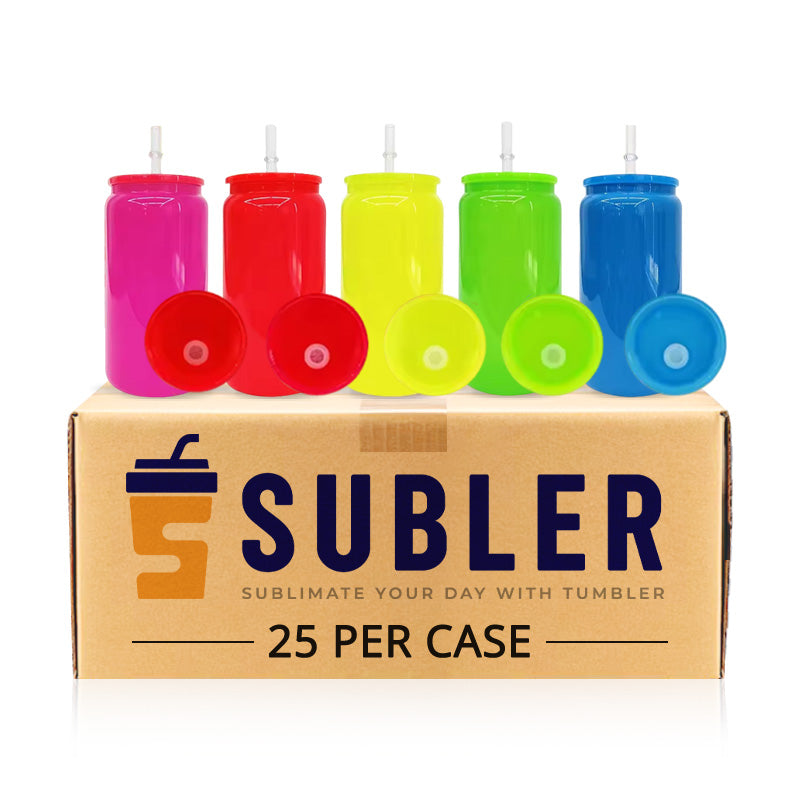 16oz Sublimation Neon Fluorescent Glass/Plastic Can with Colored Lids (25/50PCS)