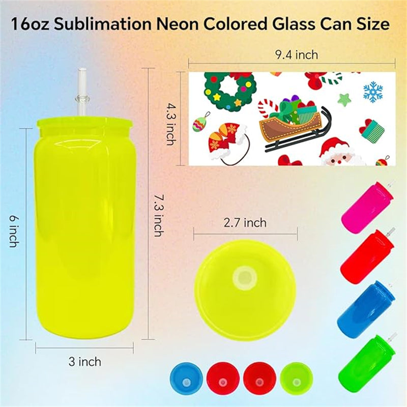 16oz Sublimation Neon Fluorescent Glass/Plastic Can with Colored Lids (25/50PCS)