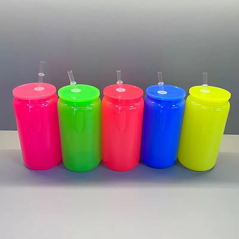 16oz Sublimation Neon Fluorescent Glass/Plastic Can with Colored Lids (25/50PCS)