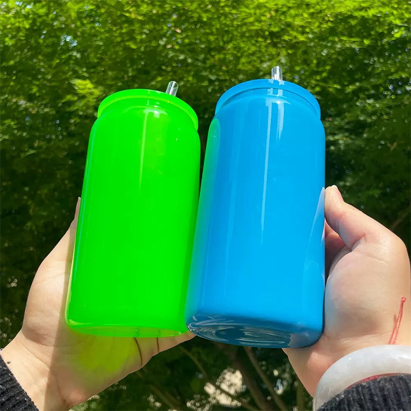 16oz Sublimation Neon Fluorescent Glass/Plastic Can with Colored Lids (25/50PCS)