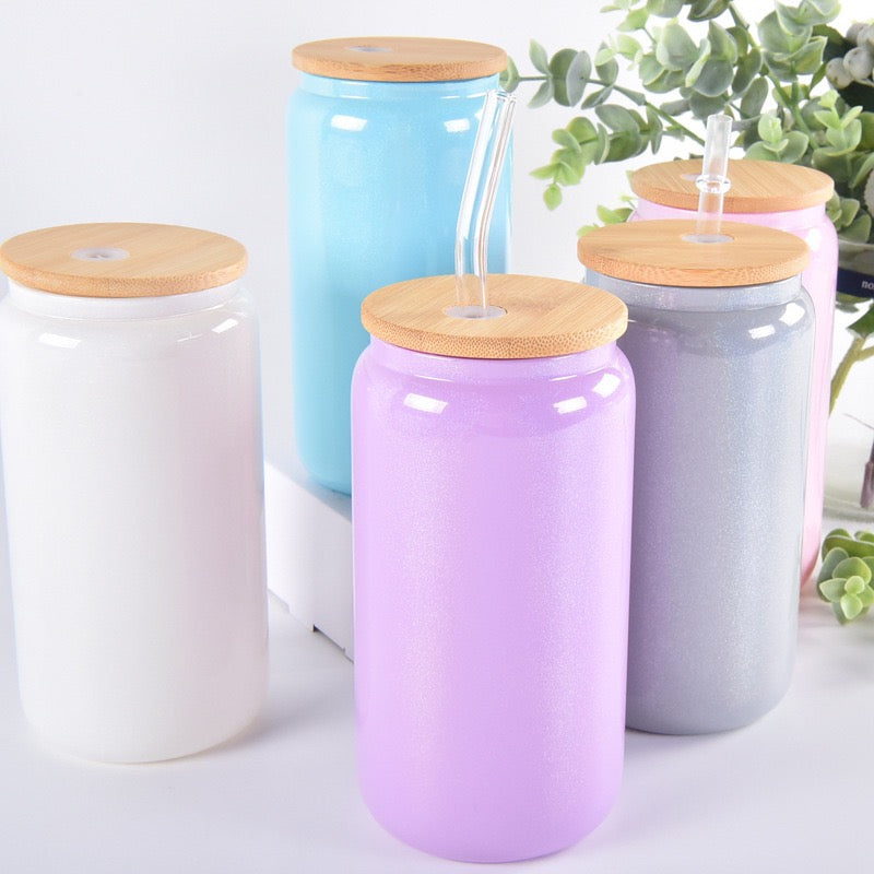 16oz Sublimation Shimmer Glitter Glass Can with Bamboo Lid (25PCS Bulk)