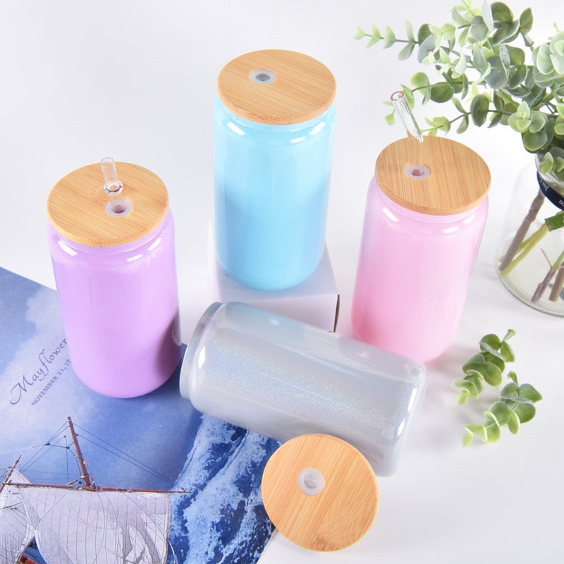 16oz Sublimation Shimmer Glitter Glass Can with Bamboo Lid (25PCS Bulk)