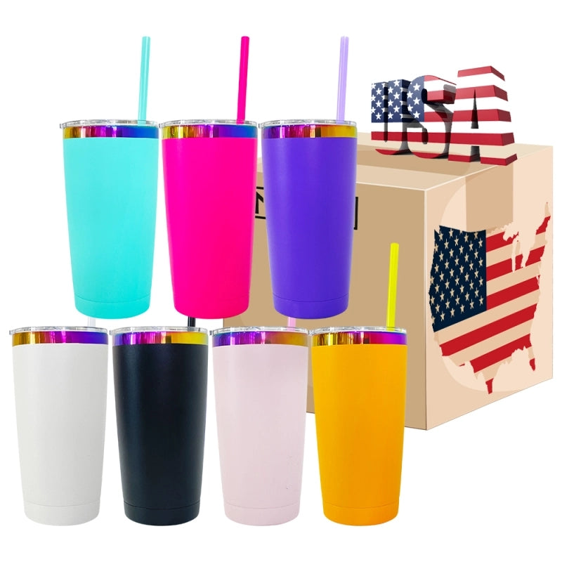 USA Warehouse Power Coated 20oz Rainbow Plated Tumblers With Colorful Straws(25Pcs/case))