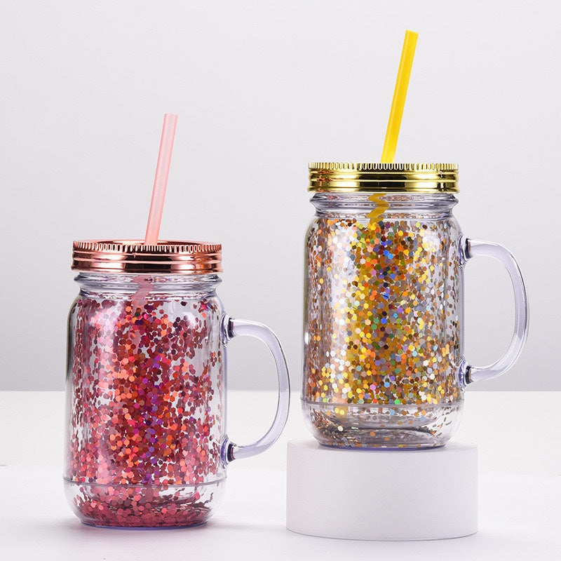 20oz Rough Glitter Plastic Can Double Wall with Handle & Straw (24PCS)