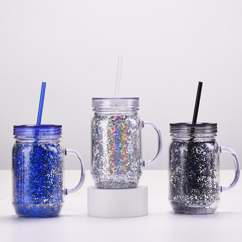 20oz Rough Glitter Plastic Can Double Wall with Handle & Straw (24PCS)