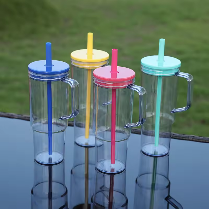 24pcs 40oz Clear Plastic Cups Travel Mug with Colored Lids & Straw