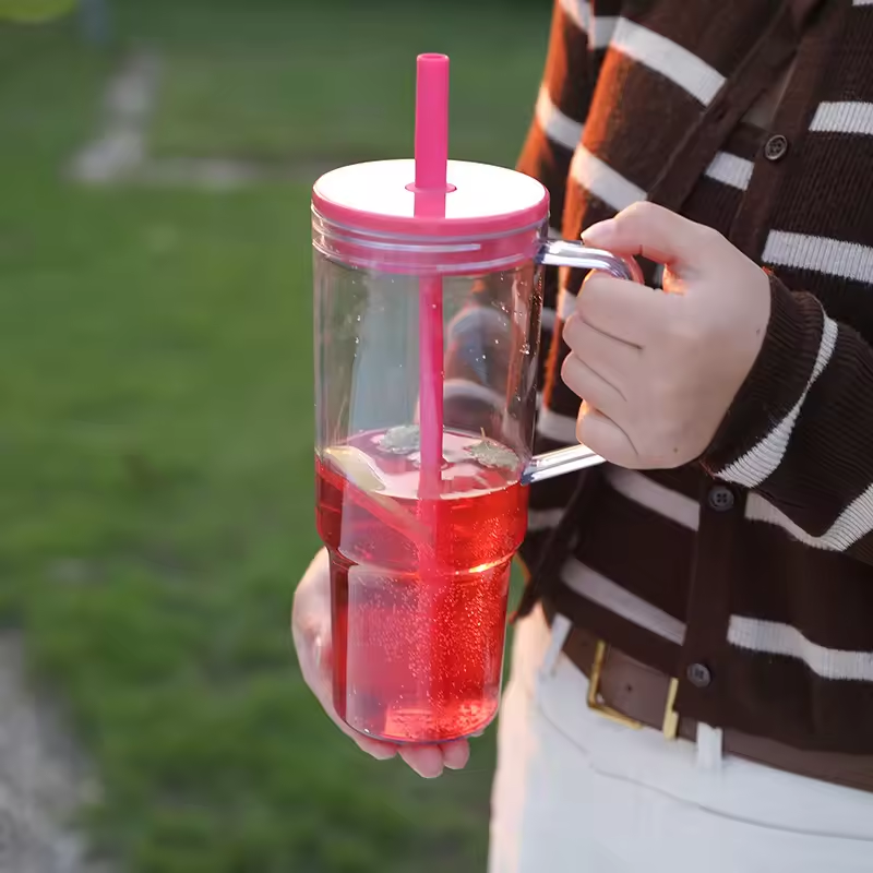 24pcs 40oz Clear Plastic Cups Travel Mug with Colored Lids & Straw
