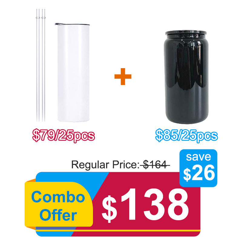 25PCS 20oz Sublimation Skinny Tumblers + 25PCS 16oz Black Sublimation Glass Can