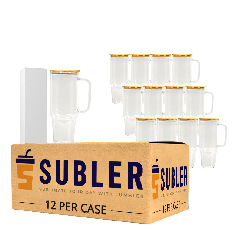 32oz/40oz Clear/Frosted Glass Mug with Handle & Bamboo Lid for Sublimation (12PCS/Case)