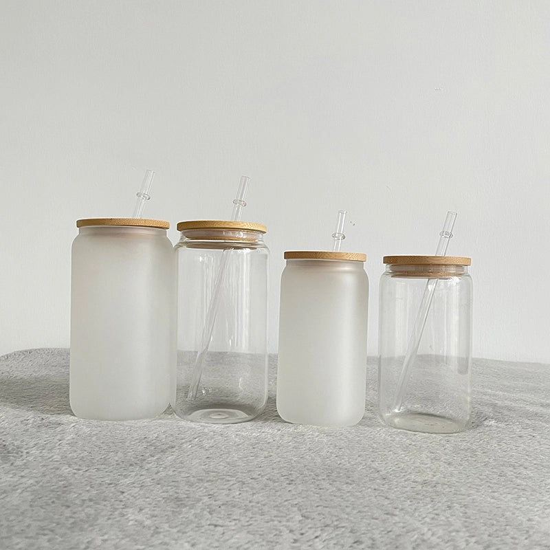 25/50Pcs USA Warehouse 16oz Sublimation Blanks Clear Frosted Beer Glass Can With Bamboo Lid And Plastic Straw