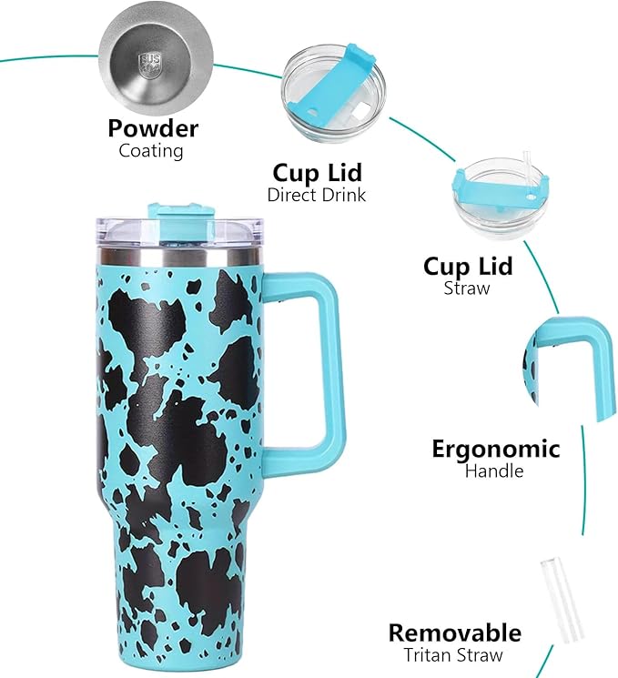 40oz Cow Print Stainless Steel Travel Mug with Handle (16PCS Pack)