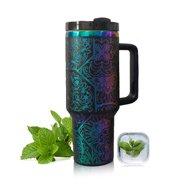 40oz Stainless Steel Iridescent Plated Travel Mug with Handle and Laser Engraving (20PCS)