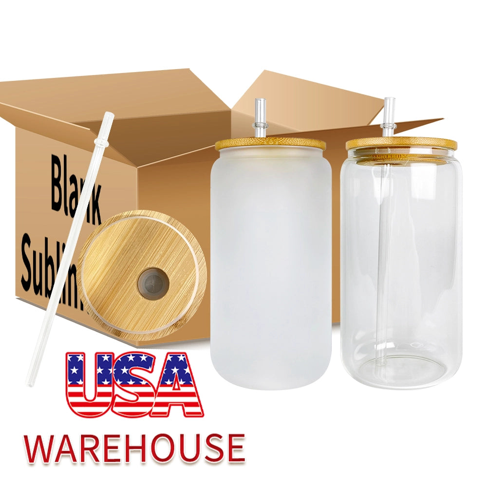 25/50Pcs USA Warehouse 16oz Sublimation Blanks Clear Frosted Beer Glass Can With Bamboo Lid And Plastic Straw