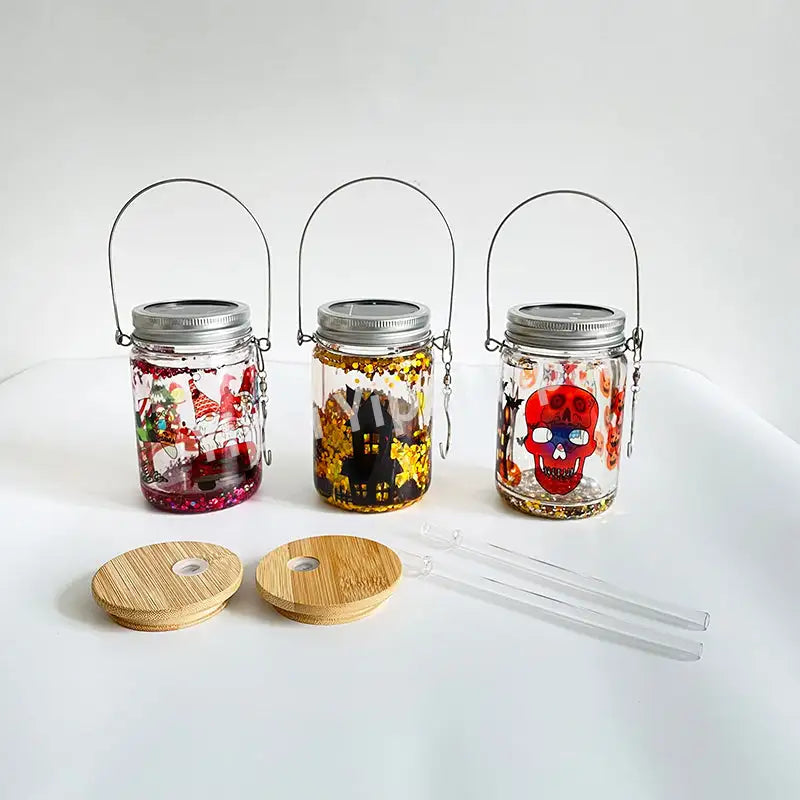 Halloween Christmas Decorative Garden Hanging Wind Spinner Light Blank Sublimation Snow Globe Double Wall Pre-Drilled Solar Light Drinking Glass Mason Jar 32pcs USA Warehouse 11oz