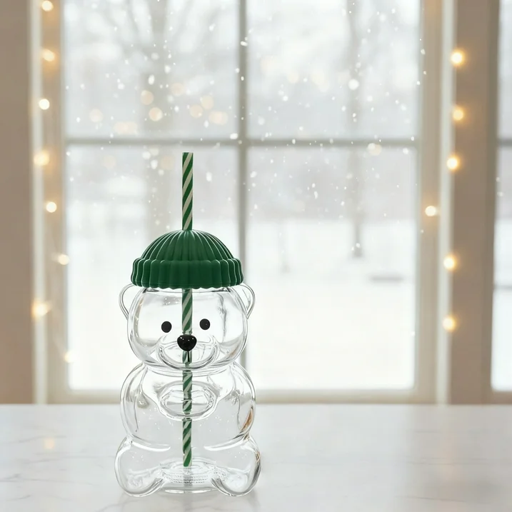 20oz Cute Bear Sublimation Glass Can with Straw & Lid | Starbucks Style Christmas Blank - Subler